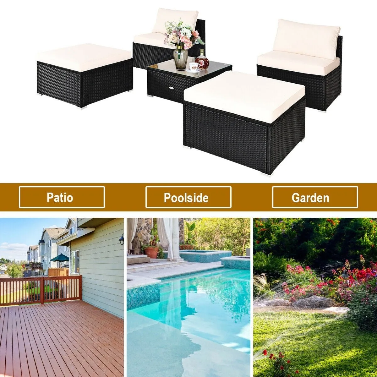 5pc Wicker Rattan Patio Armless Furniture Set - White