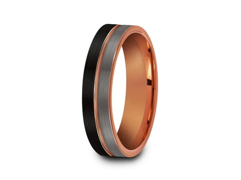 6MM BRUSHED GRAY AND BLACK FLAT Tungsten Wedding Band ROSE GOLD CENTER AND ROSE GOLD INTERIOR