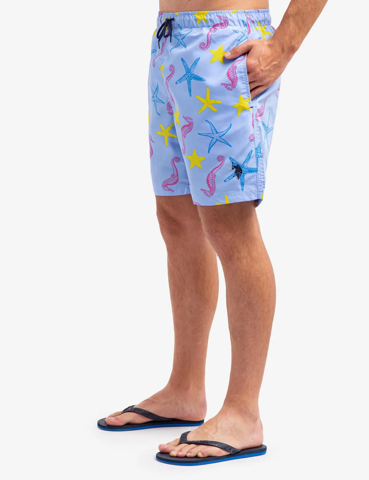 7" SEAHORSE AND STARFISH PRINT SWIM TRUNKS