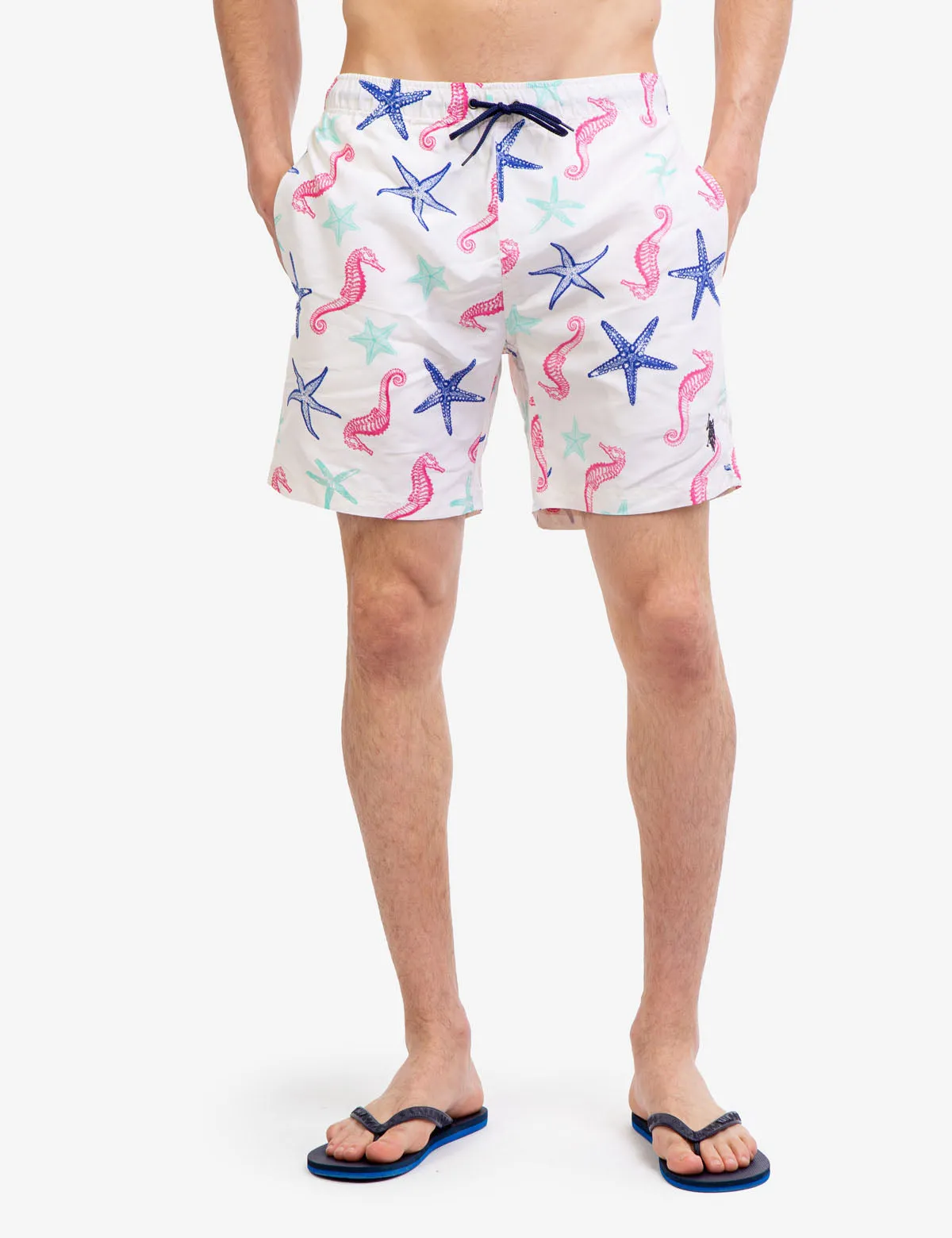 7" SEAHORSE AND STARFISH PRINT SWIM TRUNKS