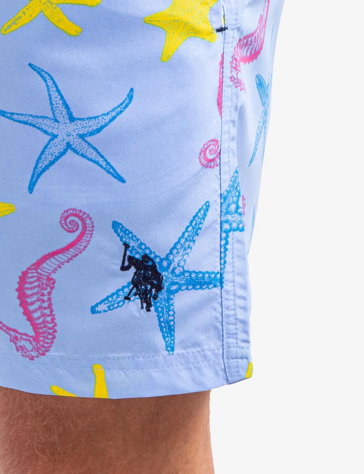 7" SEAHORSE AND STARFISH PRINT SWIM TRUNKS