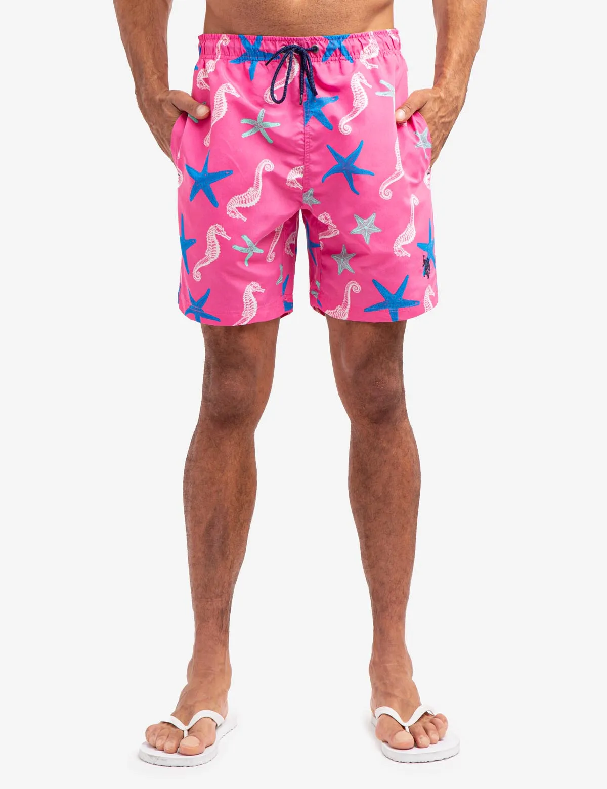 7" SEAHORSE AND STARFISH PRINT SWIM TRUNKS