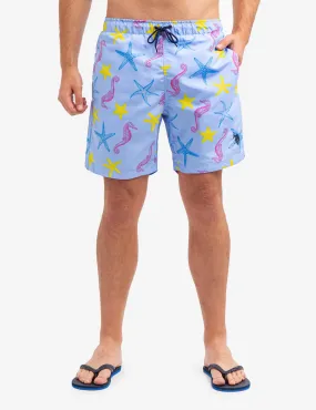 7" SEAHORSE AND STARFISH PRINT SWIM TRUNKS