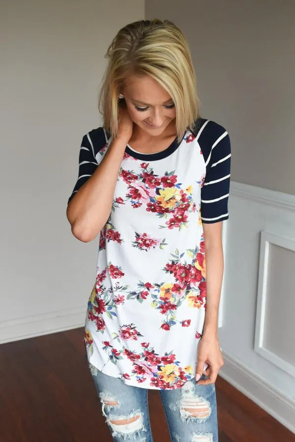 A Little Flirty Floral Top Navy