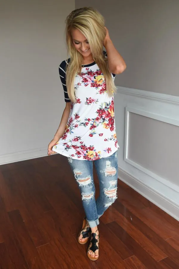 A Little Flirty Floral Top Navy