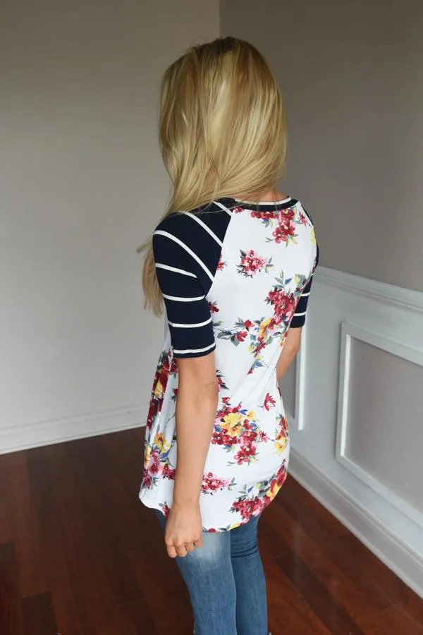 A Little Flirty Floral Top Navy