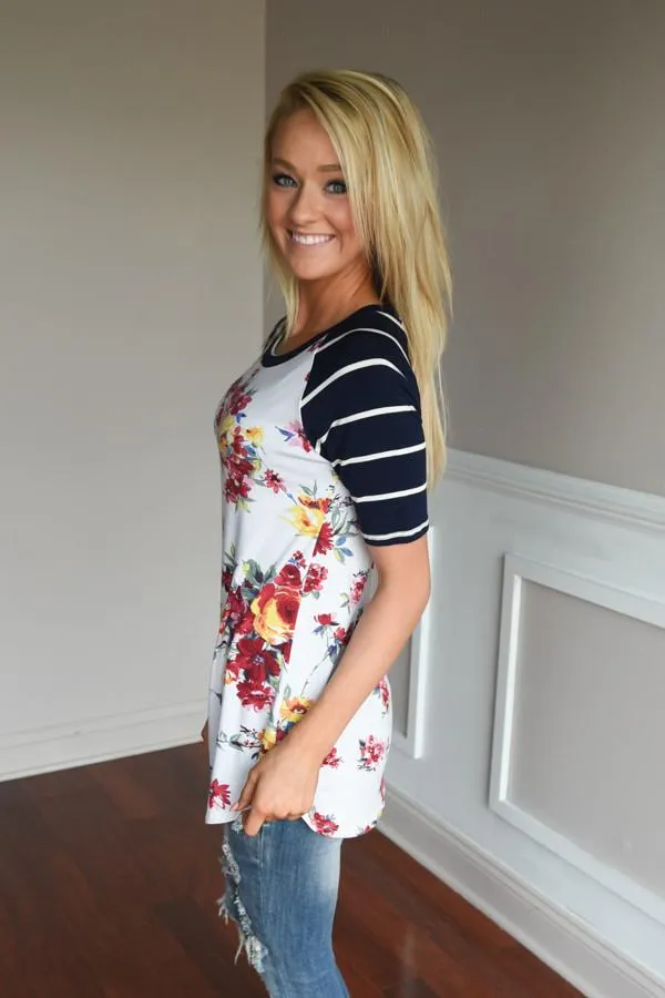 A Little Flirty Floral Top Navy