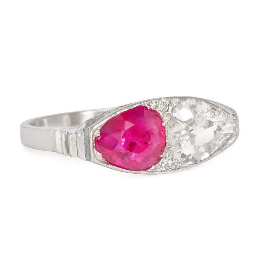 Art Deco ruby and diamond navette-shaped ring