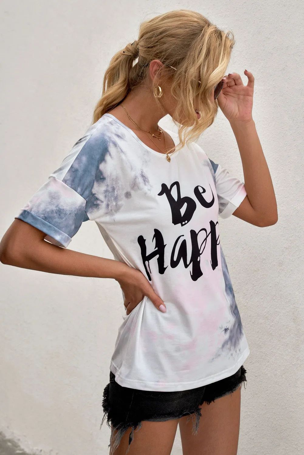 BE HAPPY Graphic Round Neck Tee