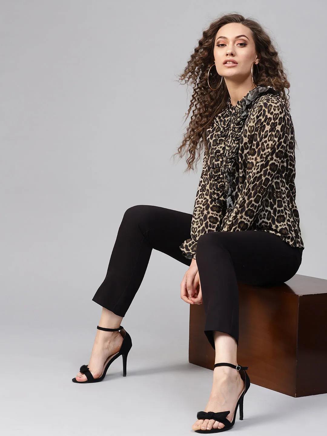 Black Cheetah Cascading Ruffles Shirt