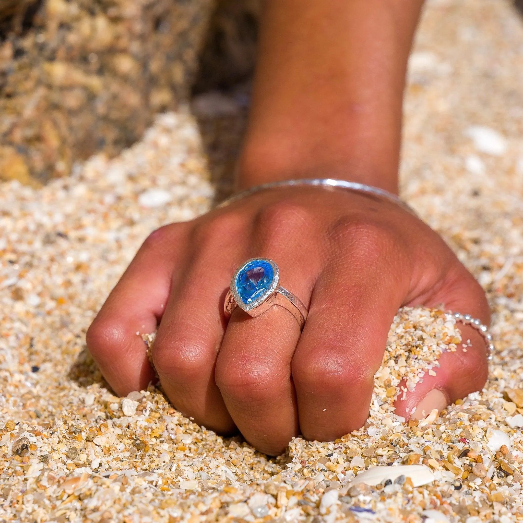 Blue Topaz Ocean Droplet Ring