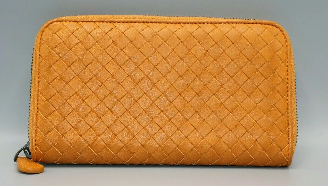 Bottega Veneta Women's Tan Leather Woven Zip Around Wallet