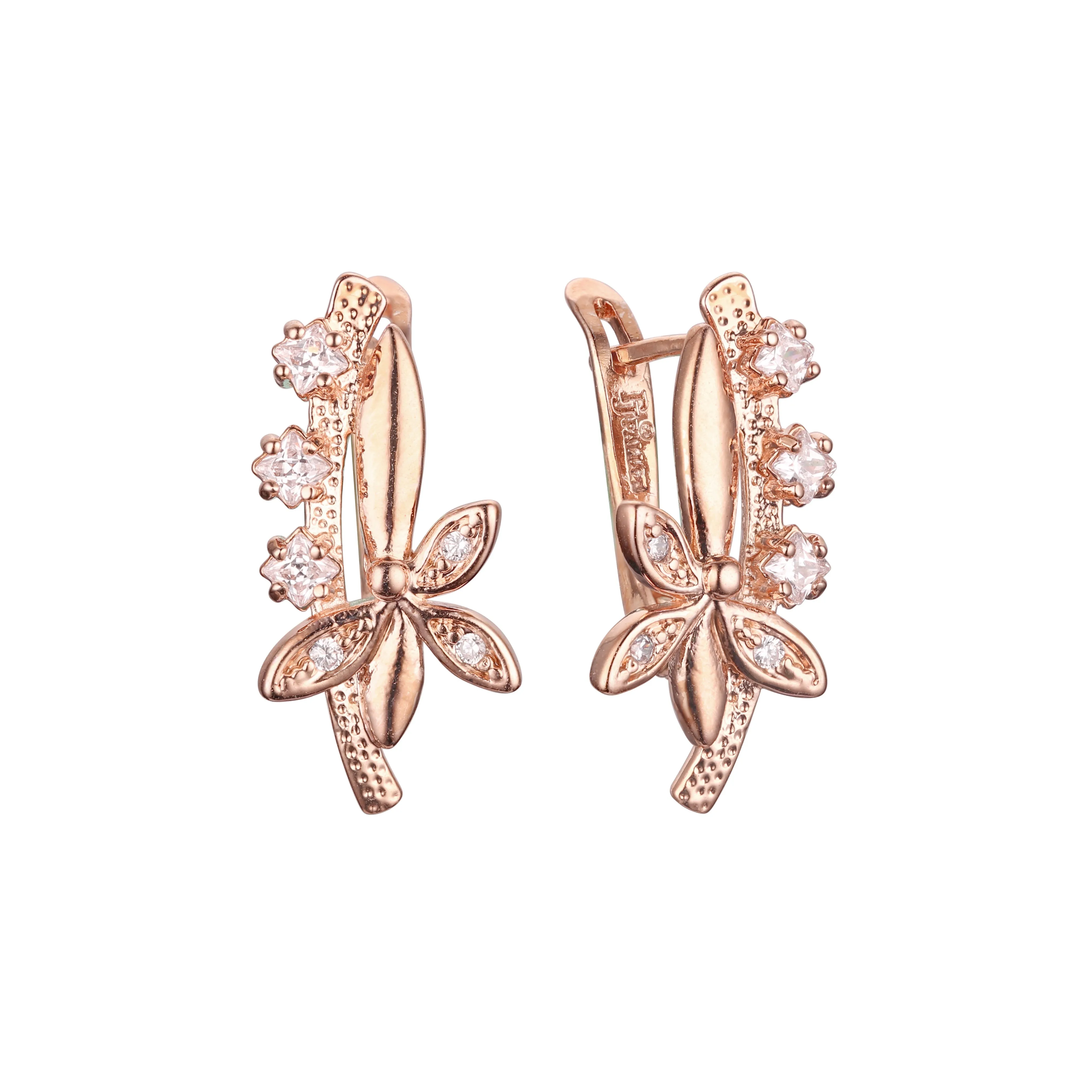 Branch and leaves cluster white CZs Rose Gold earrings