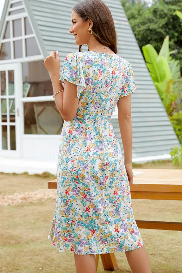 Floral Print Hook Design Modern V Neck Casual Dress