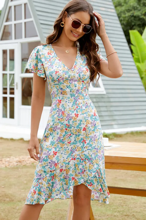 Floral Print Hook Design Modern V Neck Casual Dress