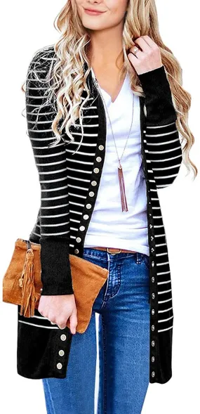 Haute Edition Striped Colorblock Snap Button Long Length Cardigan with Plus