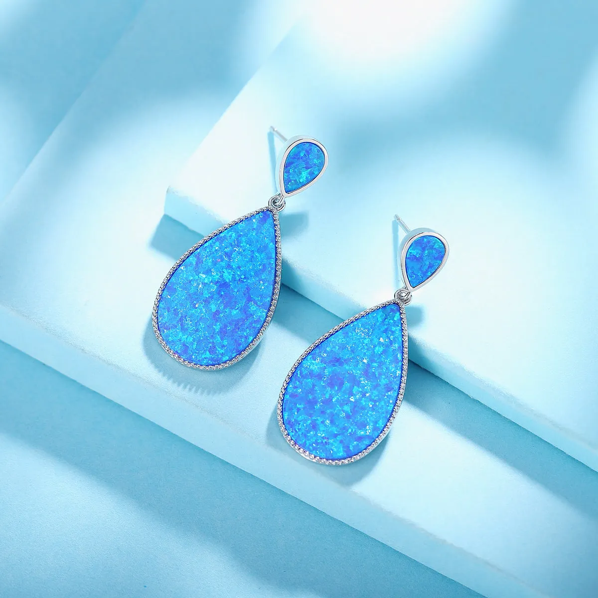 Large Stone Drop Shape Opal Sterling Silver Earrings