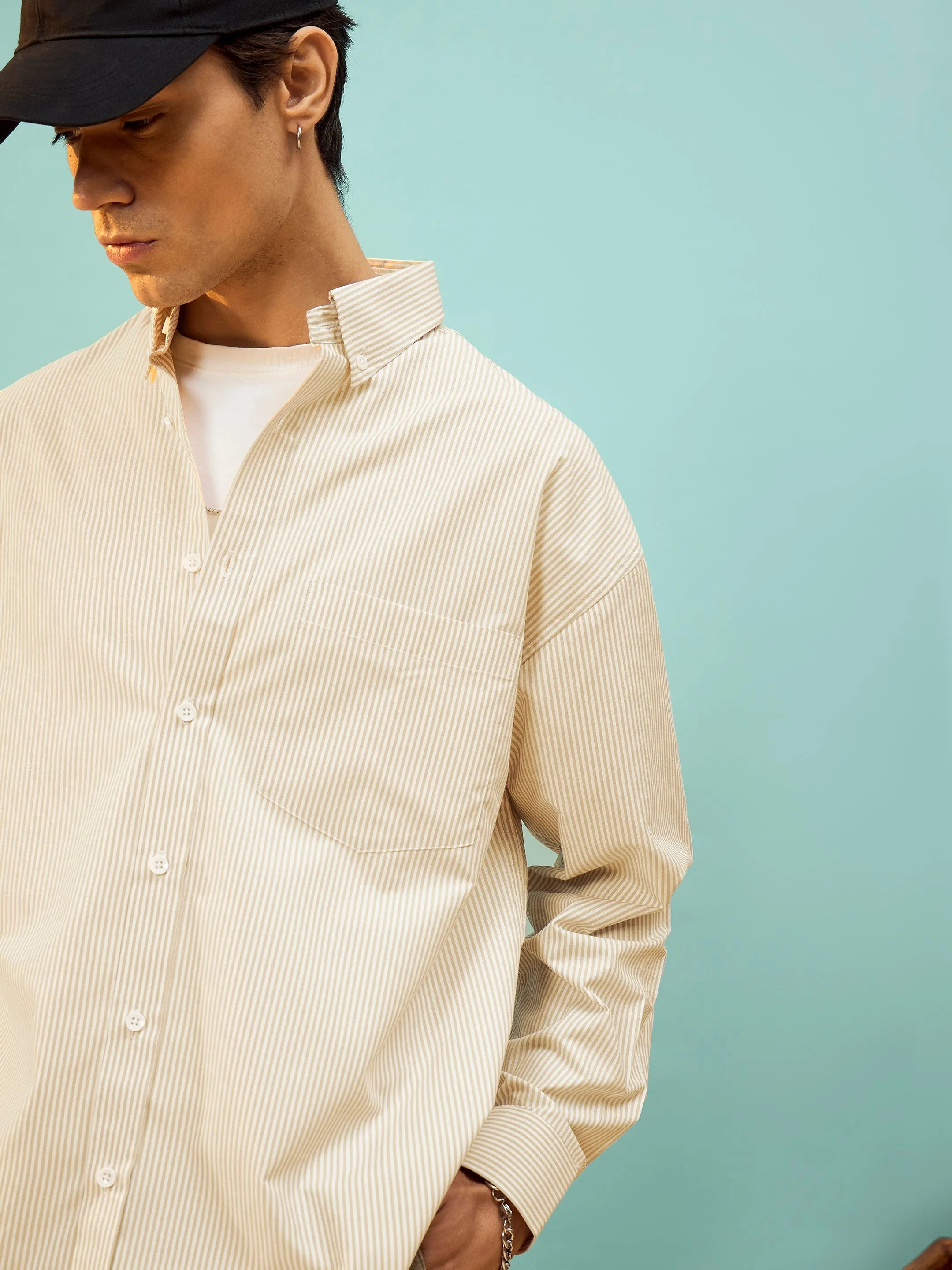 Men Beige & White Stripe Oversize Shirt