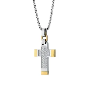 MEN'S TWO TONE STAINLESS STEEL CROSS AND CHAIN WITH CUBIC CIRCONIA