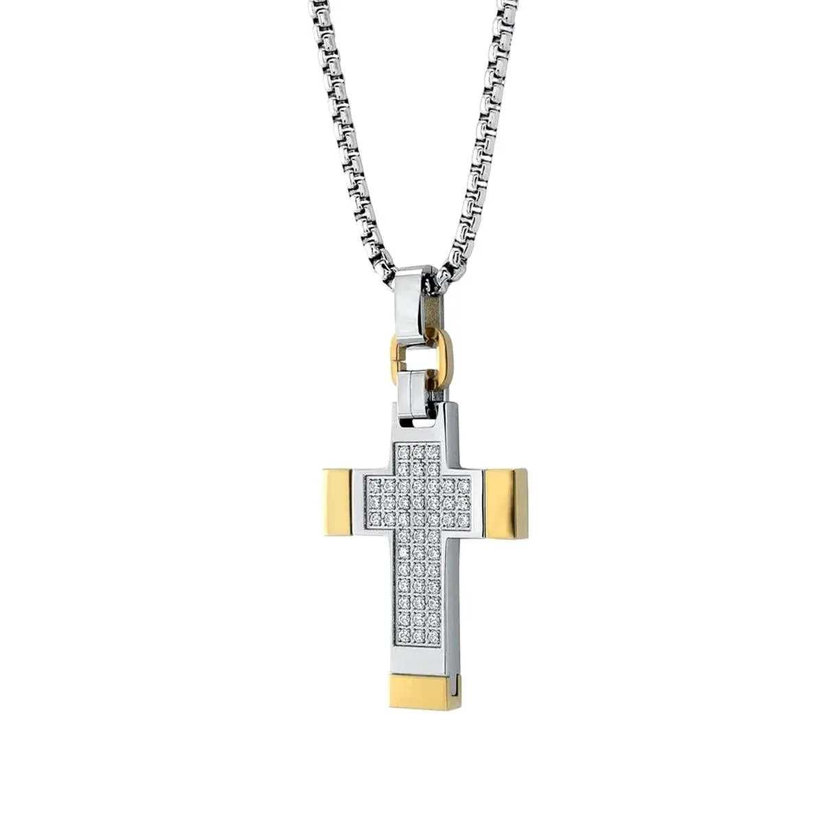 MEN'S TWO TONE STAINLESS STEEL CROSS AND CHAIN WITH CUBIC CIRCONIA