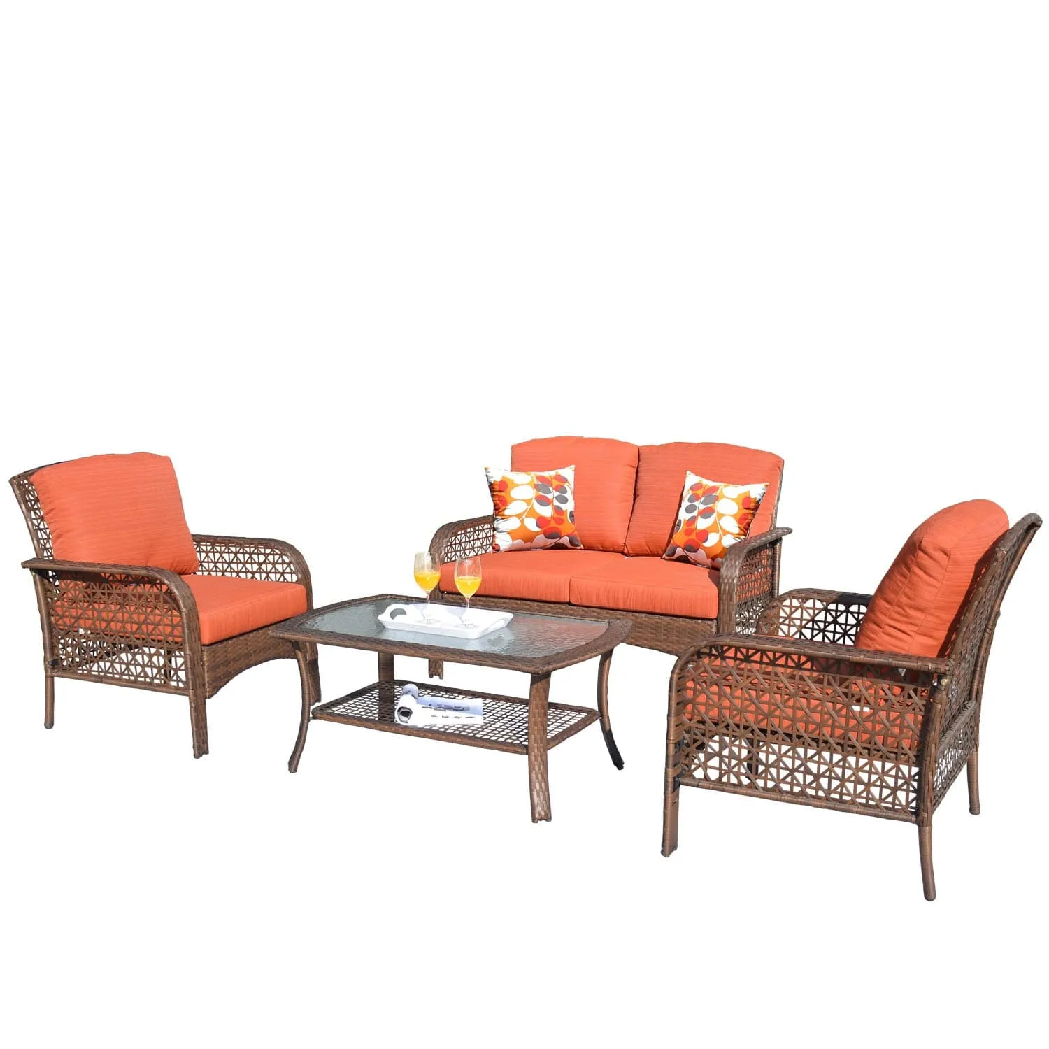 Ovios Patio Furniture 4-Piece High Back Brown Wicker Set with Cushion