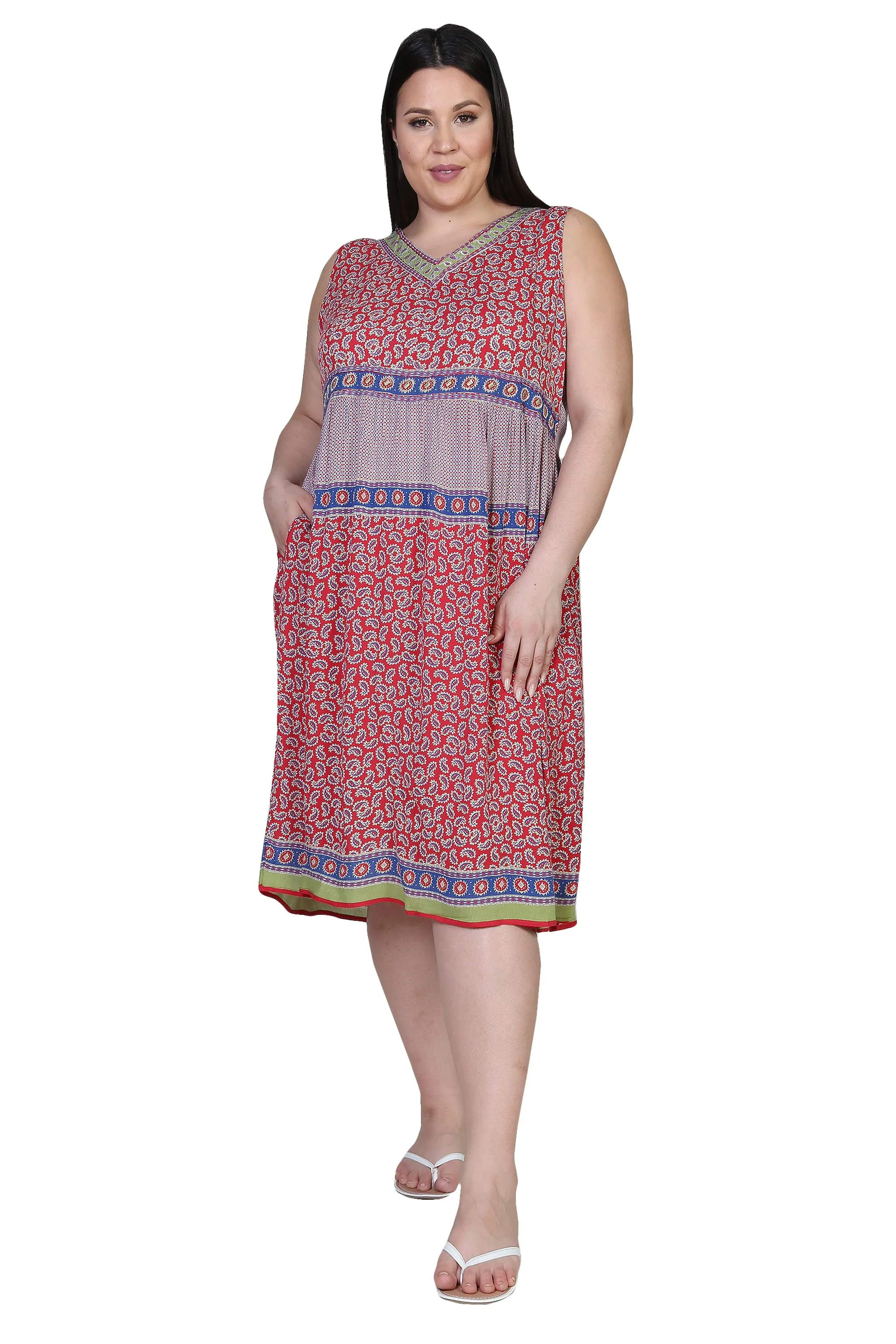 Plus Size V-Neckline Empire Waist Border Print Dress