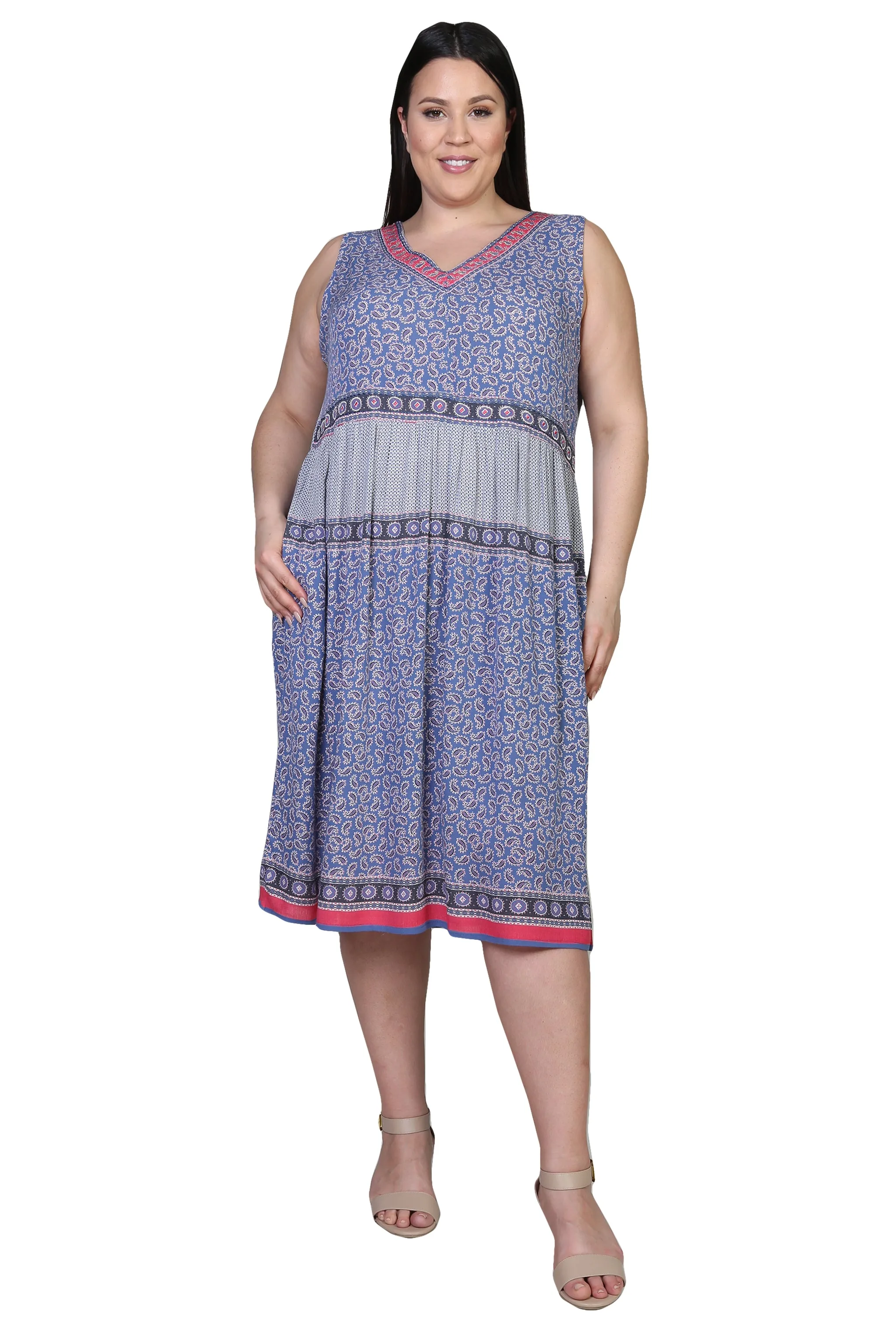 Plus Size V-Neckline Empire Waist Border Print Dress