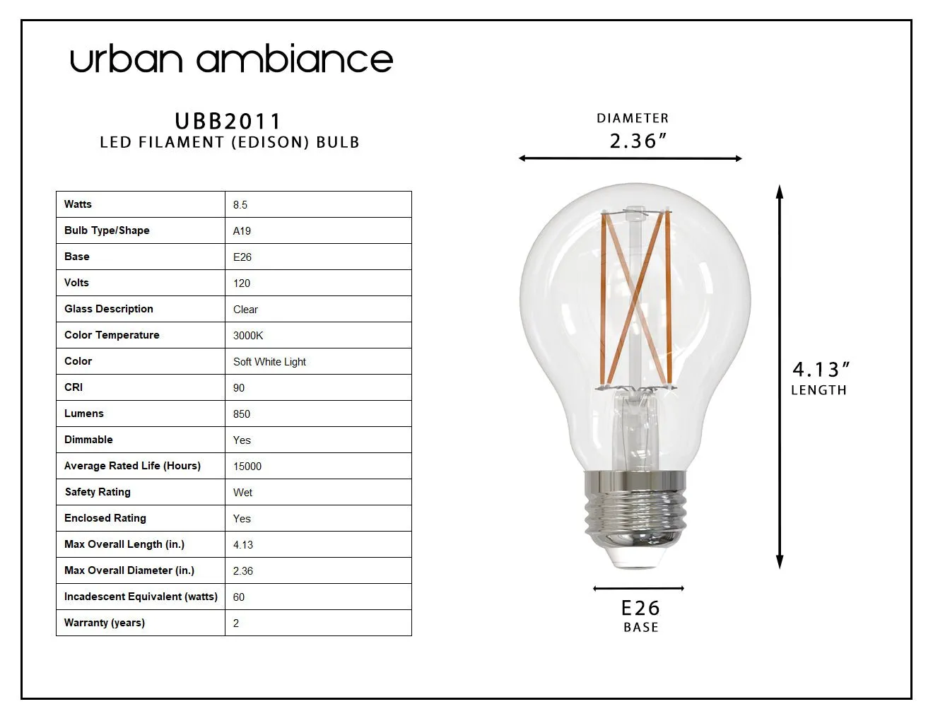 UBB2011 Luxury LED Bulbs, 60W Equivalent, Vintage Edison Style, A19 Shape, E26 Base (standard medium base), 3000K (soft white) - 2 PACK