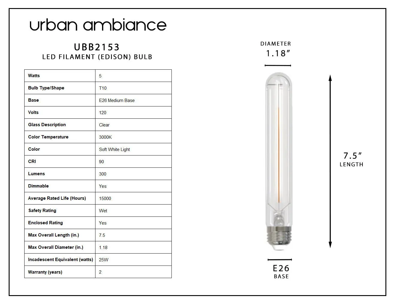 UBB2153 Luxury LED Bulbs, 25W Equivalent, Vintage Edison Style, T9 Shape, E26 Base (standard medium base), 3000K (soft white) - 4 PACK