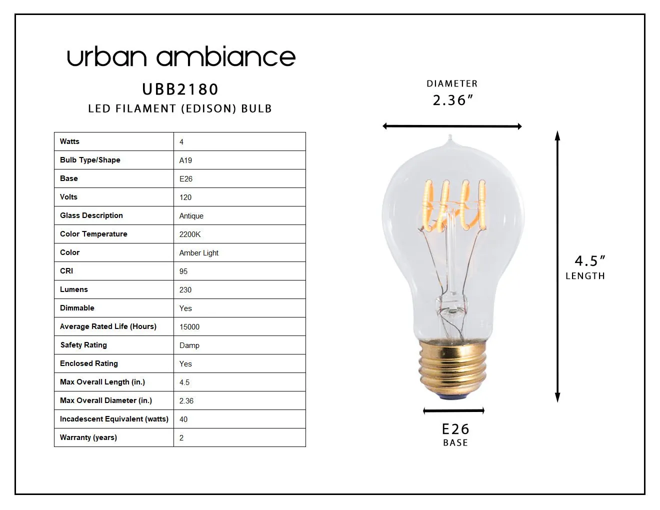 UBB2180 Luxury LED Bulbs, 40W Equivalent, Vintage Edison Style, A19 Shape, E26 Base (standard medium base), 2200K - 2 PACK